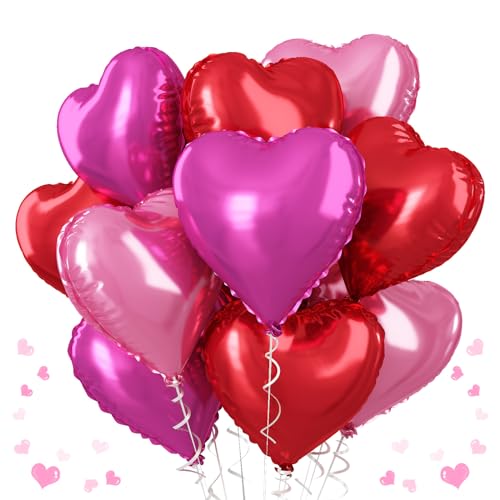 Herz Folienballons Hot Rosa, 18 Zoll 12 Stück Rot und Rosa Herz Luftballons Groß Hell Rosa und Rot Herz Folien Ballons Party Dekoration für Geburtstag Hochzeit Valentinstag Jubiläum von TAOYE