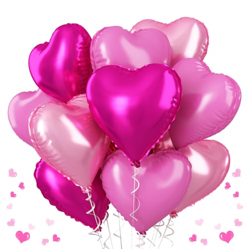 Herz Folienballons Rosa, 12 Stück 18 Zoll Hot Rosa Herz Folien Ballons Hell Rosa Helium Herz Luftballons Romantik Rosa Thema Folienballons für Geburtstag Hochzeit Valentinstag Jubiläum von TAOYE