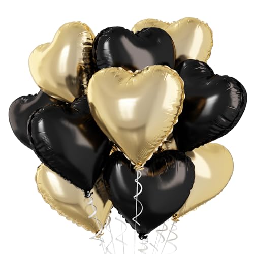 Herz Folienballons Schwarz Gold, 18 Zoll 10 Stück Schwarz und Gold Herz Luftballons Groß Schwarz Hell Gold Herz Folien Ballons Party Dekoration für Geburtstag Valentinstag Graduierung von TAOYE