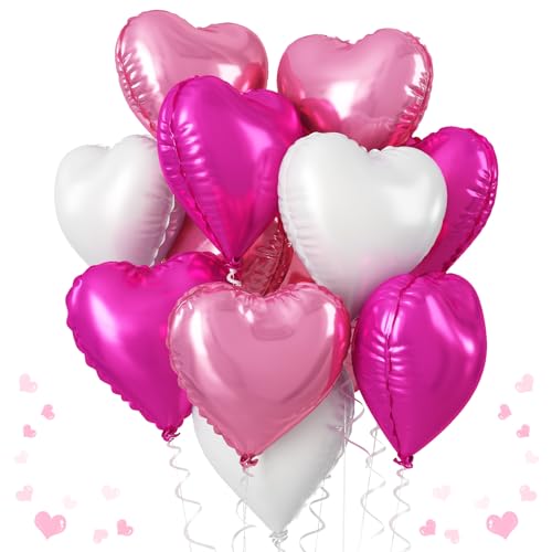 Hot Rosa Weiß Herz Folienballons, 18 Zoll Heiß Rosa und Weiß Mylar Herz Form Folienballons Groß Heiß Rosa Perle Rosa und Weiß Herz Luftballons für Valentinstag Geburtstag Hochzeit Baby Dusche von TAOYE