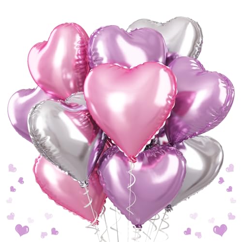 Lila Rosa Herz Folienballons, 18 Zoll 12 Stück Lavendel Lila Silber Mylar Herz Form Folien Ballons Rosa und Silber Herz Luftballons Party Dekoration für Geburtstag Hochzeit Valentinstag Jubiläum von TAOYE