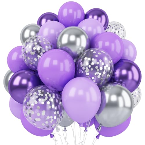 Lila Silber Luftballons, 12 Zoll Metallic Lila und Silber Helium Luftballons LavendelSilber Latex Ballons Violett und Konfetti Ballons für Mädchen Geburtstag Babyparty Hochzeit Party Dekoration von TAOYE