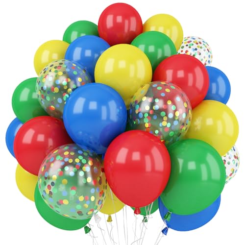 Luftballons Blau Gelb Rot Grün, 12 Zoll Karneval Party Latex Ballons Dekorationen, Matte Rote Gelbe Blaue Grüne Luftballons mit Konfetti für Kinder Superheld Thema Geburtstag Babyparty Party von TAOYE