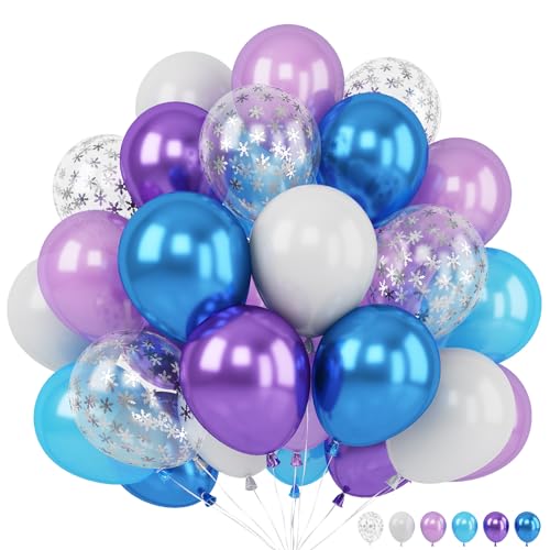 Luftballons Frozen, 12 Zoll Frozen Metallic Blau Lila Weiß Geburtstag Luftballon mit Schneeflocken Konfetti Latex Ballons Party Deko für Mädchen Geburtstag Winterparty Hochzeit Deko von TAOYE