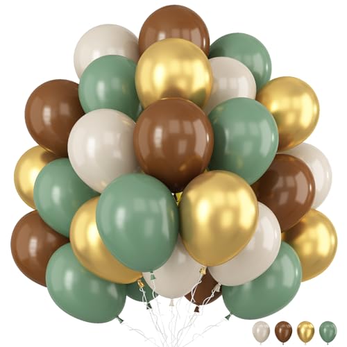 Luftballons Grün Braun, 12 Zoll Grün Braun Gold Luftballon Dschungel Geburtstag Deko, Safari Salbeigrün und Braun Metallic Gold Latex Ballons for für Geburtstag Babyparty Dekoration von TAOYE