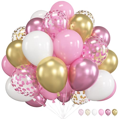 Luftballons Rosa Gold, 12 Zoll Metallic Rosa Weiß Gold Latex Ballons mit Heißrosa Konfetti Party Dekoration Luftballons mit Band für Babyparty Hochzeit Mädchen Geburtstag von TAOYE