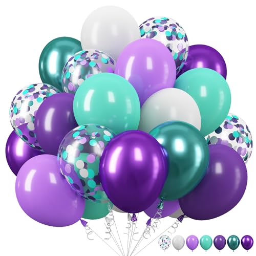 Meerjungfrau Luftballons, 12 Zoll Metallic Lila Grün Latex Ballons Hell Lila Türkis Weiß Luftballons mit Violett Grün Konfetti Ballon für Meerjungfrauen Mädchen Geburtstag Party Babyparty Hochzeit von TAOYE