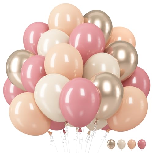 Retro Rosa Luftballons, 12 Zoll Luftballons Dusty Rosa Beige Metallic Roségold Aprikose Latex Ballons Party Dekoration mit Band für Mädchen Boho Geburtstag Hochzeit Babyparty von TAOYE