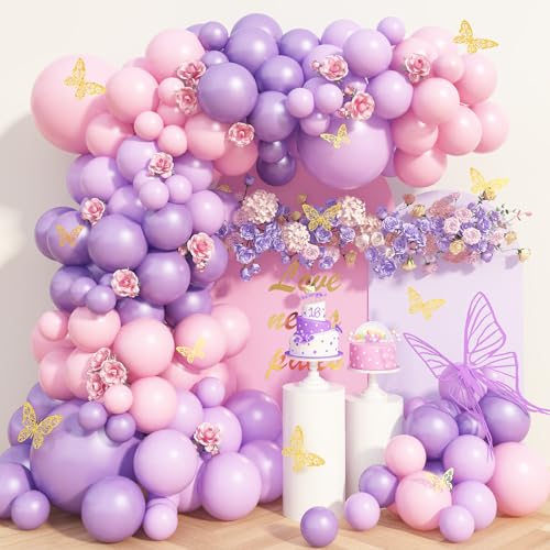 Luftballons Girlande Rosa Lila, 109 Stück Lavendel Rosa Ballons Girlande Hell Rosa Retro Violett Ballons Girlande mit Schmetterling Aufklebern für Mädchen Geburtstag Babyparty Hochzeit von TAOYE