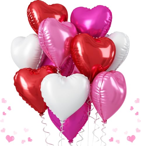 Rot Rosa Herz Folienballons, 18 Zoll 12 Stück Rot Hot Rosa Herz Folien Ballons Groß Rosa Rot Weiß Herz Luftballons Party Dekoration für Geburtstag, Hochzeit, Valentinstag, Jubiläum von TAOYE