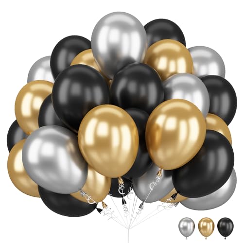 Schwarz Gold Luftballon, 12 Zoll Metallic Chrom Schwarz Silber Latex Ballons Party Deko für Männer Frauen Geburtstag Babyparty Neujahr Jubiläum Hochzeit Abschlussfeier Dekorationen von TAOYE