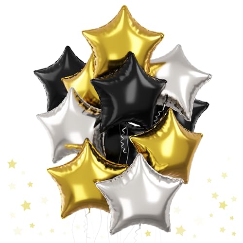 Schwarz Gold Stern Foil Luftballon, 18 Zoll 12 Stück Schwarz Silber Sterne Helium Folien Ballons, Schwarz Gold Silber Pentagramm Folienballons Party Dekoration für Geburtstag Abschluss von TAOYE