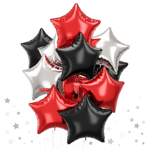 Schwarz Rot Stern Foil Luftballon, 18 Zoll Schwarz Silber Pentagramm Folienballons, 12 Stück Große Schwarz Rot und Silber Mylar Sterne Luftballons für Geburtstag Casino Thema Rennwagen Poker Party von TAOYE