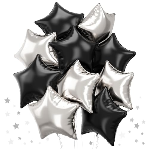 Schwarz Silber Stern Foil Luftballon, 18 Zoll Große Schwarz und Silber Aluminium Sterne Folienballons 10 Stück Schwarz Silber Pentagramm Folien Ballons Party Dekoration für Geburtstag Abschluss von TAOYE