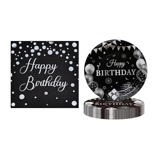 TAPARU Schwarz und Silber Happy Birthday Pappteller und Servietten Party Dekorationen Geschirr Set für Frauen und Männer Servieren 20 von TAPARU