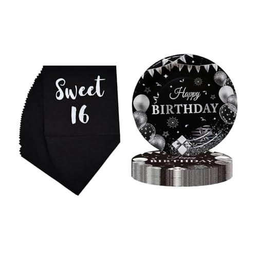 Teller und Servietten zum 16. Geburtstag, Einweggeschirr, Servietten und Teller für Jungen und Mädchen, Schwarz und Silber Teller und Servietten zum 16. Geburtstag, Einweggeschirr, Servietten und Teller für Jungen und Mädchen, Schwarz und Silber von TAPARU