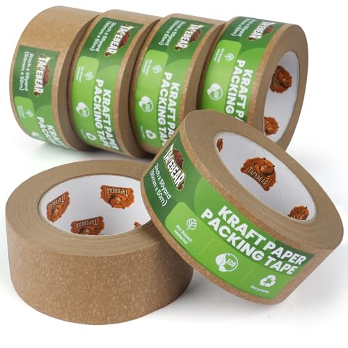 TAPEBEAR Umweltgerechtes Kraftpapier Klebeband 50m x 50mm, 6Rollen Biobasiertes Material Braun Paketband Abbaubar Papier Klebeband Verpackungsband zum Verschließen von Verpackungen von TAPEBEAR