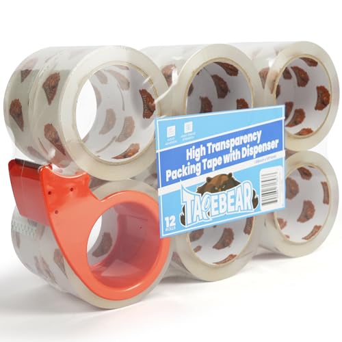TAPEBEAR Verpackungsklebeband mit Spender, 68um stark, 48mm x 50m – Hochtransparentes, stark haftendes Klebeband zum Kartonschließen, Versand, Paketversand & Lagerung von TAPEBEAR