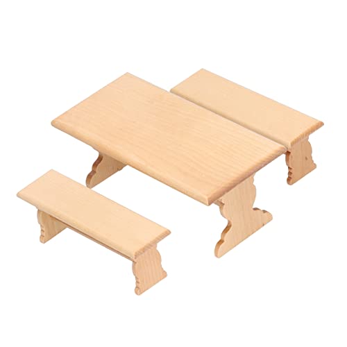TARSHYRY Puppenhausmöbel, Miniaturmöbel Holz Langer Tisch und 2 Bank Kit Dollhouse Möbel Set Doll House Möbel für 1:12 Miniaturpuppenhäuser (Holzfarbe) von TARSHYRY