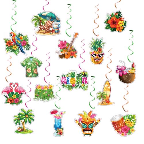 15 Stück Hawaii Party Deko Deckenaufhängung Spiral, Hawaii Deko Flowers Pineapple Coconut Flamingo für Outdoor Garten, Sommerparty, Beach Party, Poolparty von TASHELLS