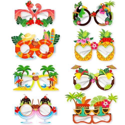 TASHELLS 8er Hawaii Party Brille, Hawaii Deko,Papier Foto Requisiten Für Und Erwachsene Kinder, Party Zubehör Brillen Für Sommerfest, Poolparty, Beach Party (8) von TASHELLS