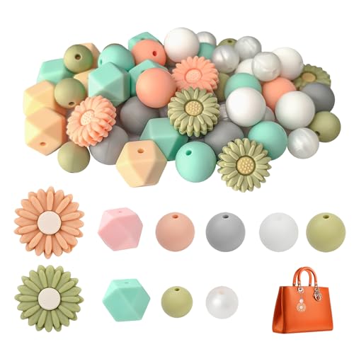 Silikonperlen Bulk, 56 Stück Blumenförmige Silikonperlen Gänseblümchen Gummiperlen Silikon Perlen Blumen Bastelperlen Bulk Gänseblümchen zum Basteln Schmuckherstellung Schlüsselanhänger Armband von TASSFROO