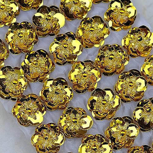 3D-Pailletten-Perlen, Blumenaufnäher, handgefertigt, Stickerei, Nähperlen, Applikation für Haarspangen, Taschen, Brosche, Hochzeitskleid, Schuhe, Kleidung, Basteln, 50 Stück/Set (Gold) von TATEELY