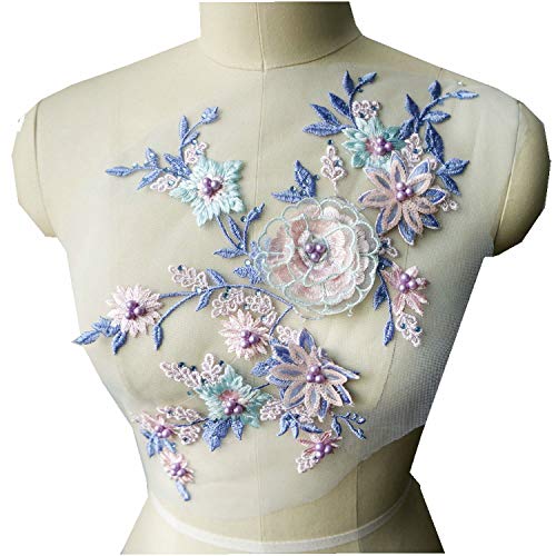 Stoff 3D Blumen Applikationen Perlen Strass Stickerei Nähen Patch für Hochzeit Dekoration Kleid DIY (Blau Lila) von TATEELY