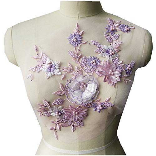 Stoff 3D Blumen Applikationen Perlen Strass Stickerei Nähen Patch für Hochzeit Dekoration Kleid DIY (Rosa Lila) von TATEELY