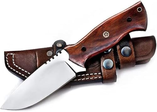 TATLA CRAFT Handgeschmiedetes Jagdmesser mit Lederscheide – Bushcraft Messer mit feststehender Klinge & ergonomischem Rosenholzgriff – Outdoor Survival Scout Messer von TATLA CRAFT