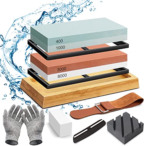 Schleifstein Set,Abziehstein Schleifstein Set,doppelseitig 400/1000 und 3000/8000 Grit Schleifsteine mit Abrichtstein,Winkelführung,Lederstreifen, für Metallklinge schärfen und polieren Schleifstein Set,Abziehstein Schleifstein Set,doppelseitig 400/1000 und 3000/8000 Grit Schleifsteine mit Abrichtstein,Winkelführung,Lederstreifen, für Metallklinge schärfen und polieren von TAVADA