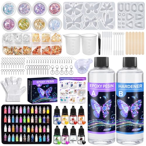 TAVADA Epoxidharz Set Anfänger 600ml,Glasklar Resin Harz Gießen Set Mit Epoxidharz Zubehör,Silikonformen,Glitzer,holzstäbchen,messbecher,für Kunstprojekt,schmuckherstellung Crafts von TAVADA