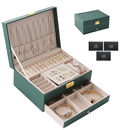 TAVADA Schmuckkästchen,Schmuckkasten,2 Ebenen Schmuckaufbewahrung schmuckschatulle Reise PU-Leder,Schmuck Organizers Damen Mädchen für Ringe,Ohrringe,mit Schloss und Schlüssel,Dunkelgrün von TAVADA