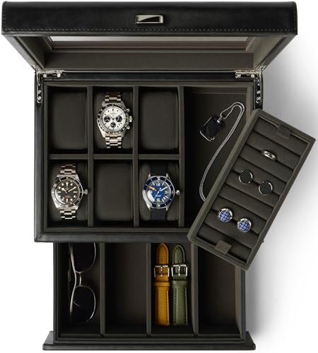 TAWBURY Herren-Schmuckkästchen, Organizer, Herren-Uhren-Schmuckschatulle für Herren, elegante, schwarze PU-Leder-Uhrenbox für Herren, Premium-Aufbewahrung für Uhren, Manschettenknöpfe, Ringe, TAWBURY Herren-Schmuckkästchen, Organizer, Herren-Uhren-Schmuckschatulle für Herren, elegante, schwarze PU-Leder-Uhrenbox für Herren, Premium-Aufbewahrung für Uhren, Manschettenknöpfe, Ringe, von TAWBURY