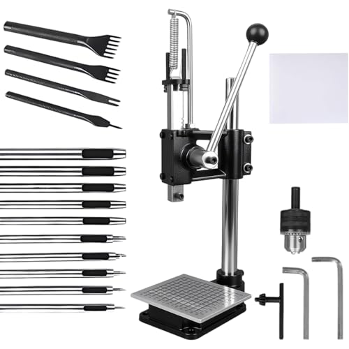 Leder Stanzmaschine, Leder Locher Werkzeug Lochmaschine mit Aluminiumplatte Set 4 Zinken + 10 Lochstanzern, Lederpresse Werkzeug, Dornpressenset für Lederhandwerk, für DIY Lederwerk zum Lochen von TAZZOR