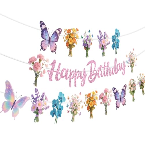 Blumen-Party-Banner, 3 Stück, Happy Birthday, Girlande, Banner für Jungen und Mädchen, Motto-Babyparty, Geburtstagsparty-Zubehör von TBEEJ