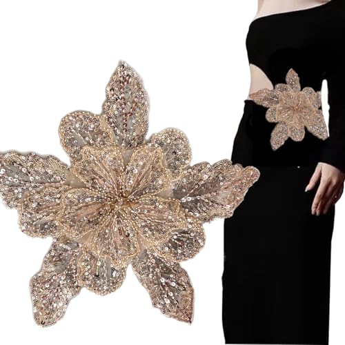 1 x handgefertigte Strass-Applikation, Champagner, große Blume, Pailletten, Perlen, zum Aufnähen von Pailletten, Kristall-Spitze, Stoffbesatz für Hochzeitskleid, Hochzeit, Kopfbedeckung, DIY von TBNOD