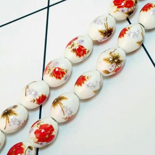 10 Stück/Los 11 x 15 MM Vintage Keramikperlen Halskette Armbänder DIY für Schmuckherstellung ovale Form Porzellan Spacer Perlen-Rote große Blume von TBSKUY