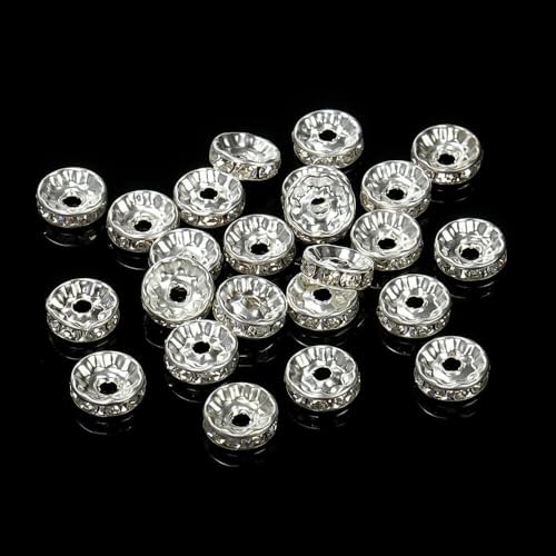 100 Stück 4/6/8/10 mm Gold-Silber-Strass-Rondellen-Kristallperlen, runde lose Abstandsperlen für die Schmuckherstellung, DIY-Zubehör, Silber, 10 mm von TBSKUY
