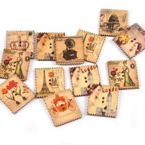 2 Löcher Holzknöpfe zum Basteln gemischte europäische Vintage-Stempel Nähknopf DIY Basteln Scrapbooking Bekleidungszubehör M1771-Standard von TBSKUY