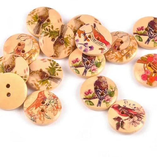 20 mm, 50 Stück, gemischt, runde Holzknöpfe mit bemaltem Vogelmuster, zum Basteln, Nähen, Zubehör, Scrapbooking, Dekor, Bekleidungsknöpfe, M0956 – 50 Stück von TBSKUY