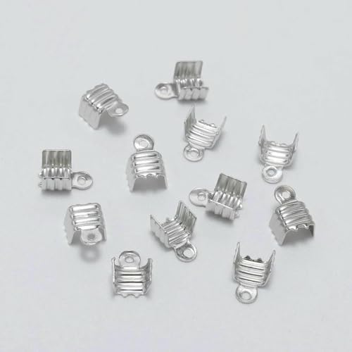 200 Stück goldfarbene kleine Kordel-Endspitze, umklappbar, Dreidraht-Verschluss, Quetschperlen-Schnallenverbinder für Schmuckherstellung, Zubehör, DIY, Rhodium, 8 x 11 mm von TBSKUY