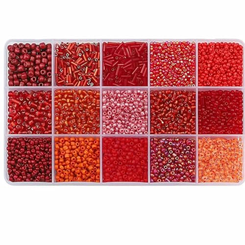 3700+ Stück 15 Farben Glasperlen, lose Glasröhrenperlen, Set für Schmuckherstellung, DIY-Bastelperlen (Mix 15 Farben, Rot)-Rot von TBSKUY