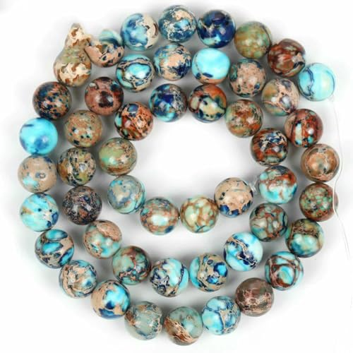 4 6 8 10 mm Natursteinperlen, bunte Meeressediment-Jaspis-Türkise, runde Perlen zur Schmuckherstellung, DIY-Armbänder, Zubehör – Cyan-Gold – 8 mm von TBSKUY