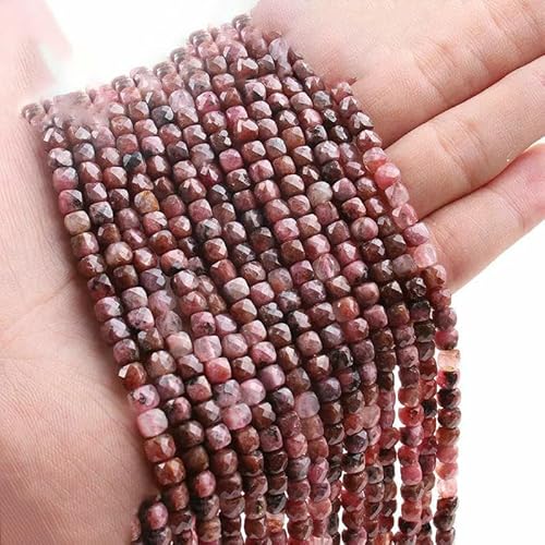 4 x 4,0 mm natürliche Tigerauge-Perlen, lose, facettierte, quadratische Würfel-Edelsteinperlen für Armbänder, DIY-Zubehör, Strang 15''-Br Rhodochrosit L.2–4,0 mm (ca. 85 Stück) von TBSKUY