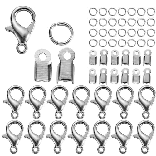 80 Stück Karabinerverschluss aus Legierung, Biegeringe, Lederclip, Spitze, Falt-Crimpverbinder für Armbänder, Halsketten, DIY-Schmuckherstellung, Zubehör, Rhodium 80 Stück Karabinerverschluss aus Legierung, Biegeringe, Lederclip, Spitze, Falt-Crimpverbinder für Armbänder, Halsketten, DIY-Schmuckherstellung, Zubehör, Rhodium von TBSKUY