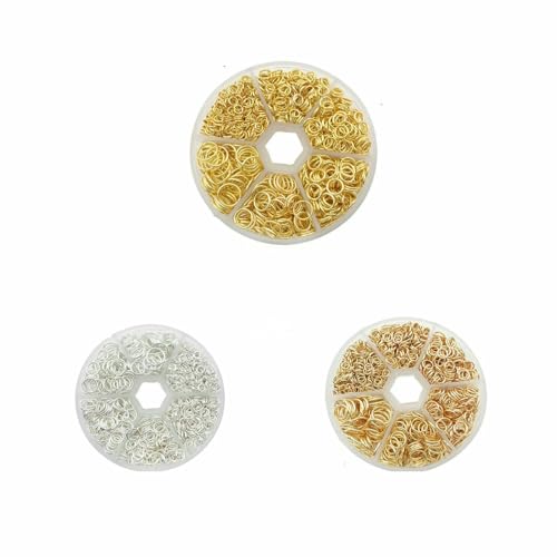 Ca. 1000 Stück offene Biegeringe in 6 verschiedenen Größen, 4,0 mm, 5 mm, 6 mm, 8 mm, 10 mm, 12 mm mit 1 Biegering-Öffnungs-/Schließwerkzeug für Heimwerkerarbeiten – Gold-Silber-KC-Gold von TBSKUY