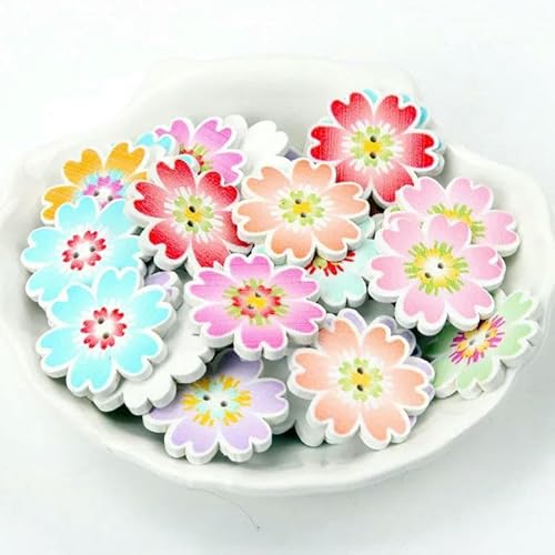 Holzknöpfe für Scrapbooking, Nähen, Bekleidung, Zubehör, Dekoration, gemischte Blumen, bemalt, dekorative Knöpfe, DIY-Bastelarbeiten, 20 Stück, 20–25 mm, 6, von TBSKUY