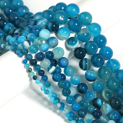 Naturstein 4 6 8 10 12 mm rund Tigerauge Amethyst Achat Jade Stein Abstandshalter Perle für Schmuckherstellung DIY Armband Handarbeit-Blau gestreifter Achat-4,0 mm ca. 95 Stück von TBSKUY