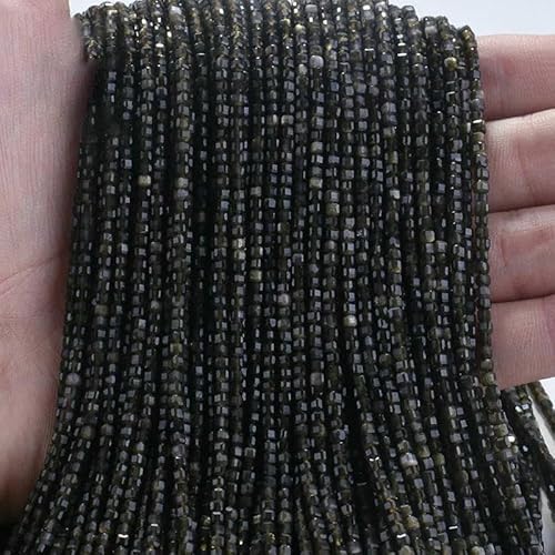 Neue 2,5 mm Würfel Naturstein Apatit facettierte Perlen Peridot Turmalin Obsidian lose Abstandsperlen für Schmuckherstellung DIY Armband-Goldener Obsidian-2,5 x 2,5 mm (150 Stück) von TBSKUY